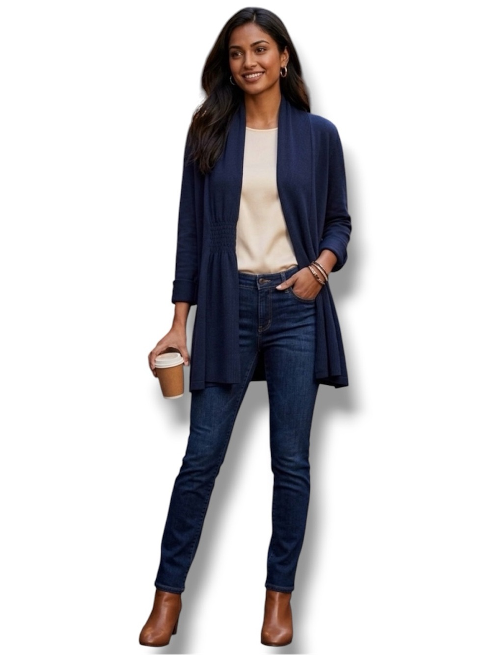 Croft & Barrow Navy Blue Open Front Cardigan Smocked Back Roll Tab Sleeve M
